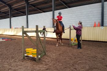 Touwhek Ruiter en paard gaan door een hek